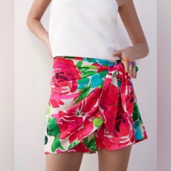 Zara Pants - Zara Pink and Green Floral Wrap Linen Viscose Tie Knot Skort Shorts XS preloved